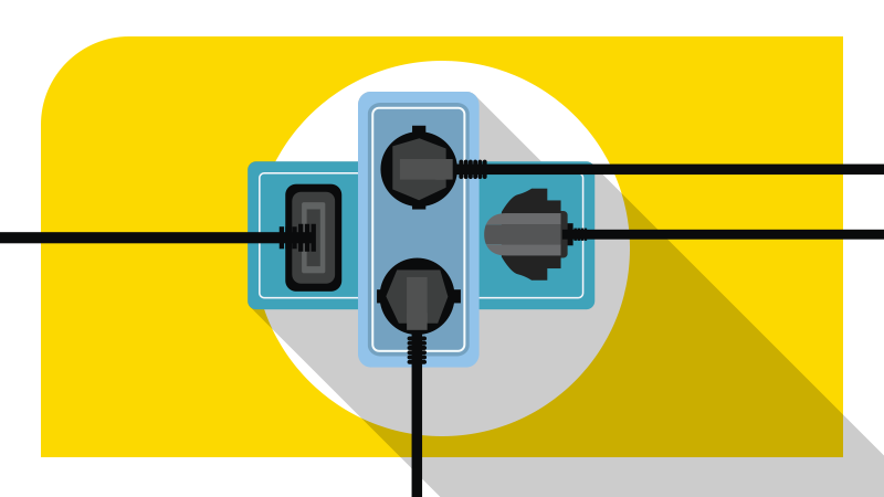 desenho gráfico de tomada com várias entradas e fios ligados nela